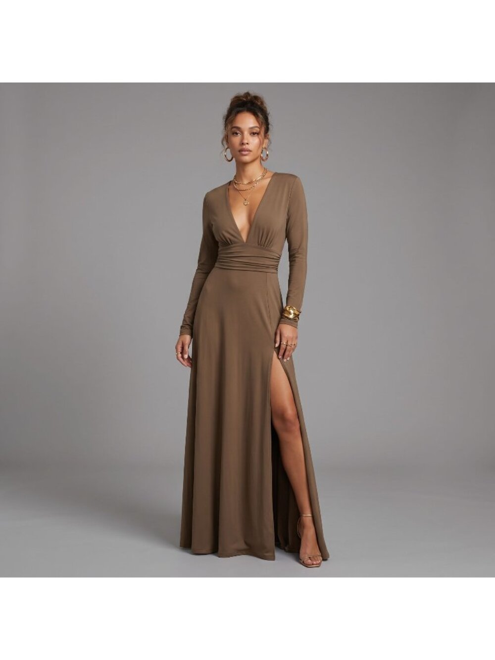 Elegant Long Sleeve Maxi Dress With Plunge Neckline & Side Slit Sz L